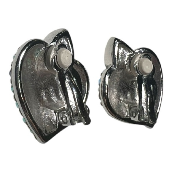 True Vintage 1950s Aurora Borealis Rhinestone Heart Clip-On Earrings Silver Tone - Picture 3 of 4
